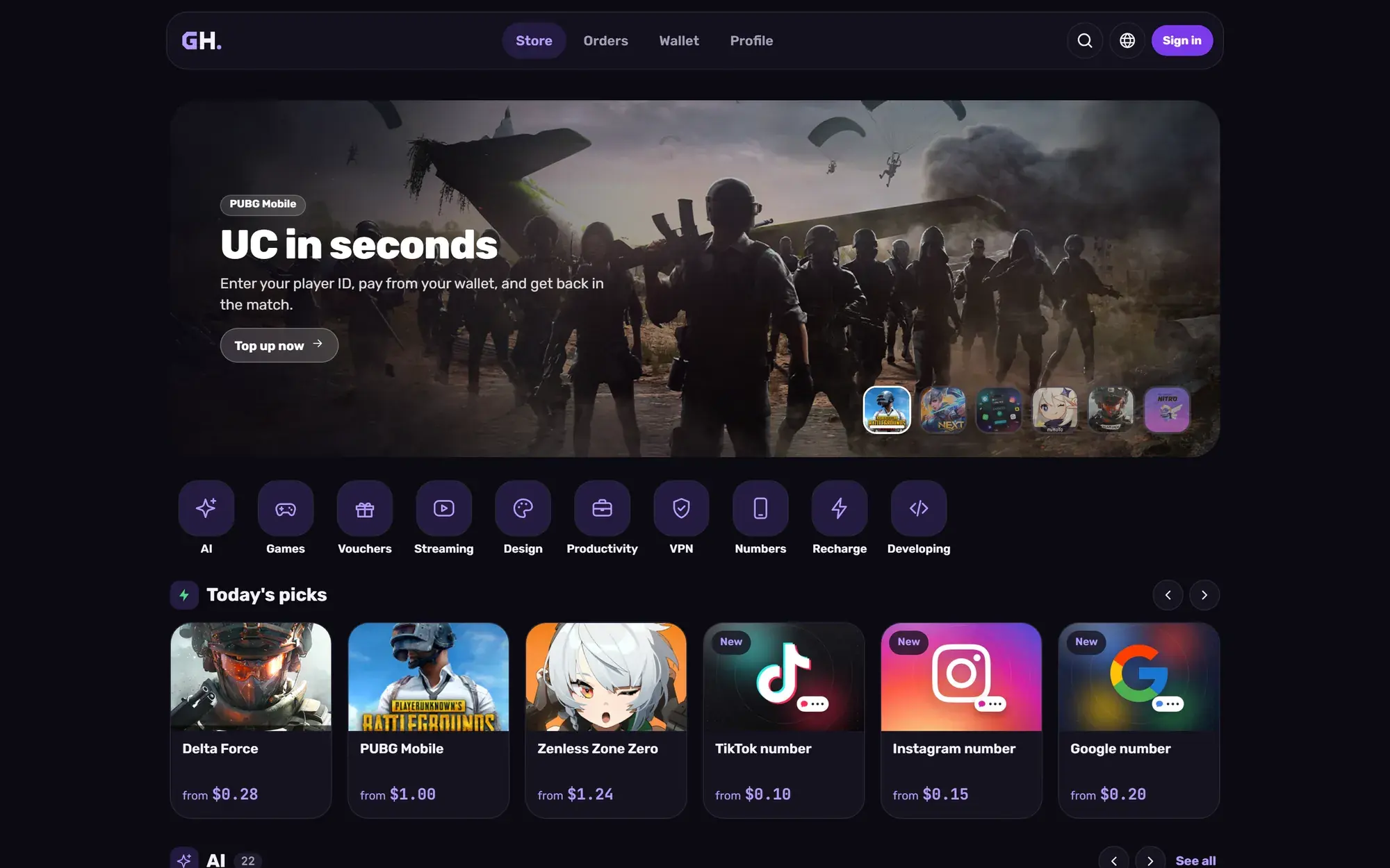 GH Store's home page in a desktop browser