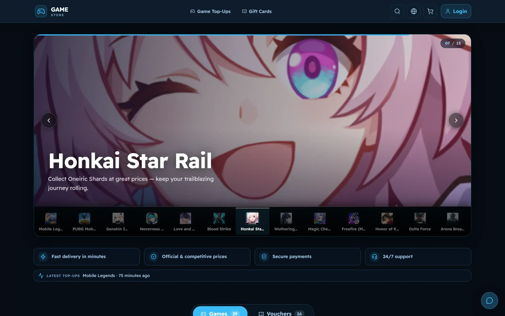The store's home page: a featured game and the full catalogue strip