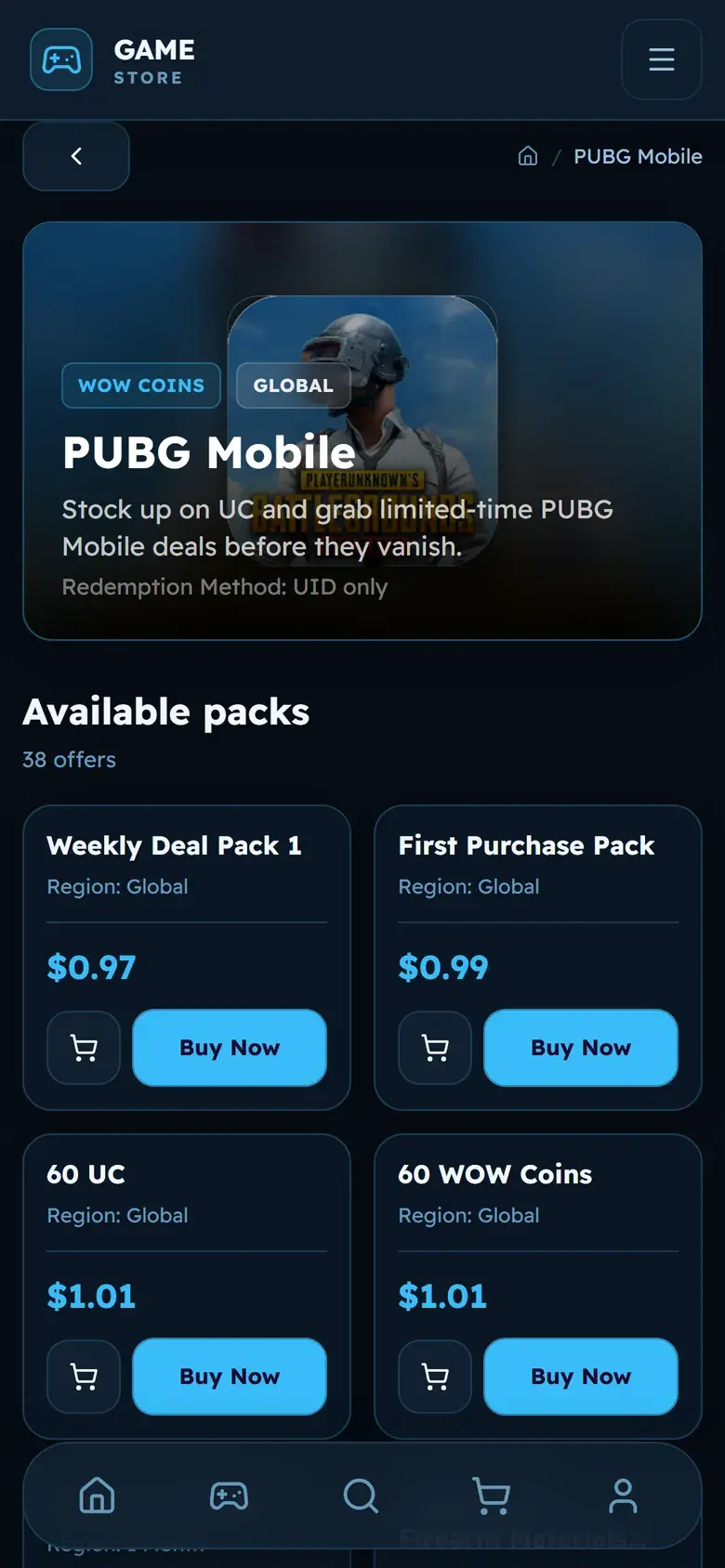 A game's page on a phone: packs with prices and buy buttons